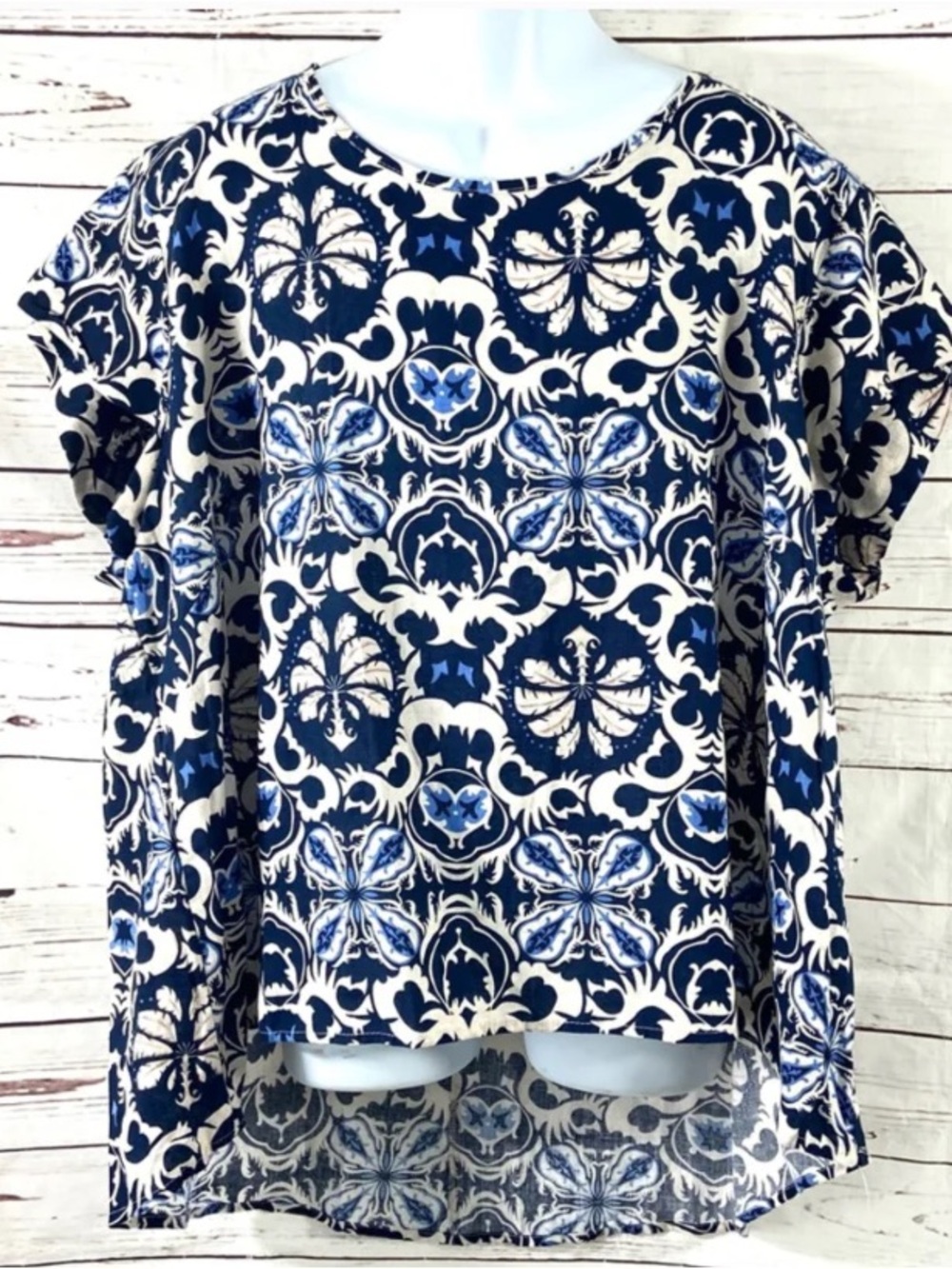 Rachel Zoe Linen-Blend Blue & White Patterned Short Sleeve Plus Top
